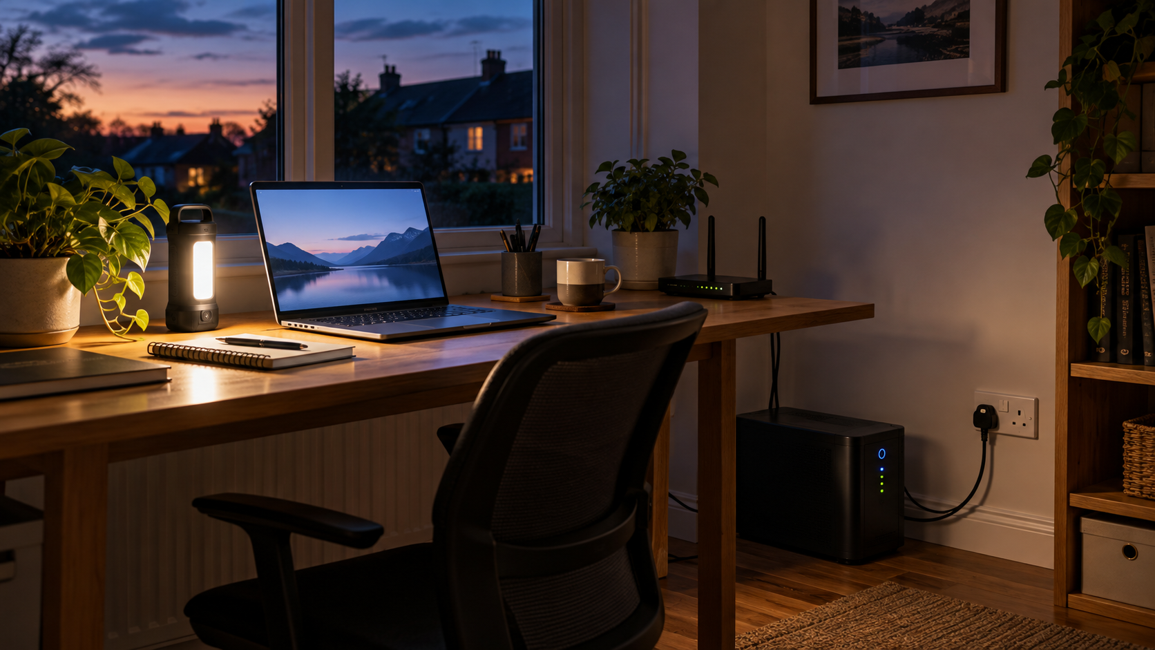 Illustration of a UK home office with a laptop, router, battery backup unit and rechargeable torch at dusk