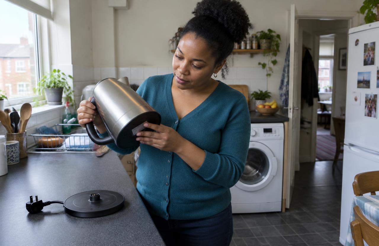 A person using an electric kettle in a home kitchen with a washing machine
