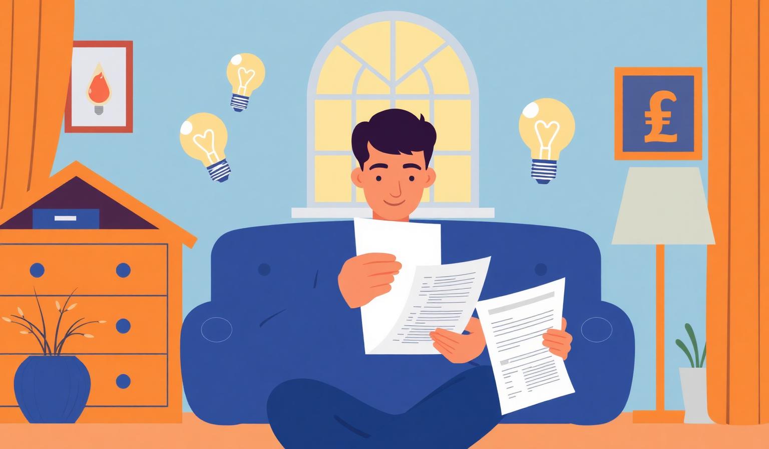 UK household reviewing energy bill with question marks and lightbulbs