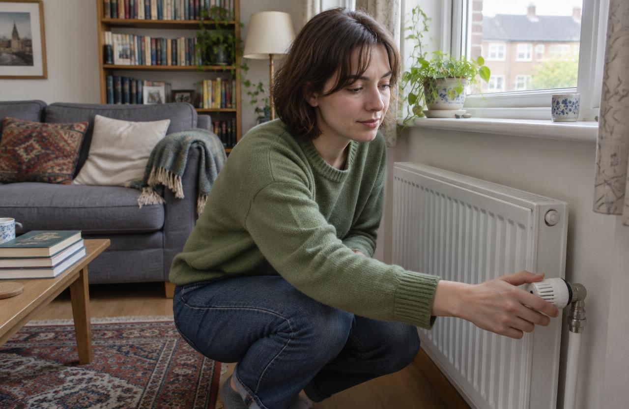 A woman adjusting a radiator valve in her living room