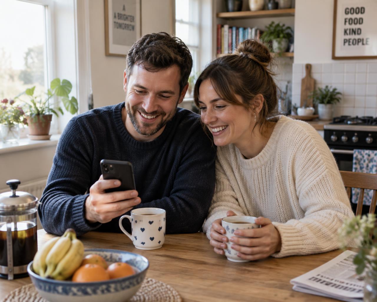 Two people looking at a phone together at their kitchen table