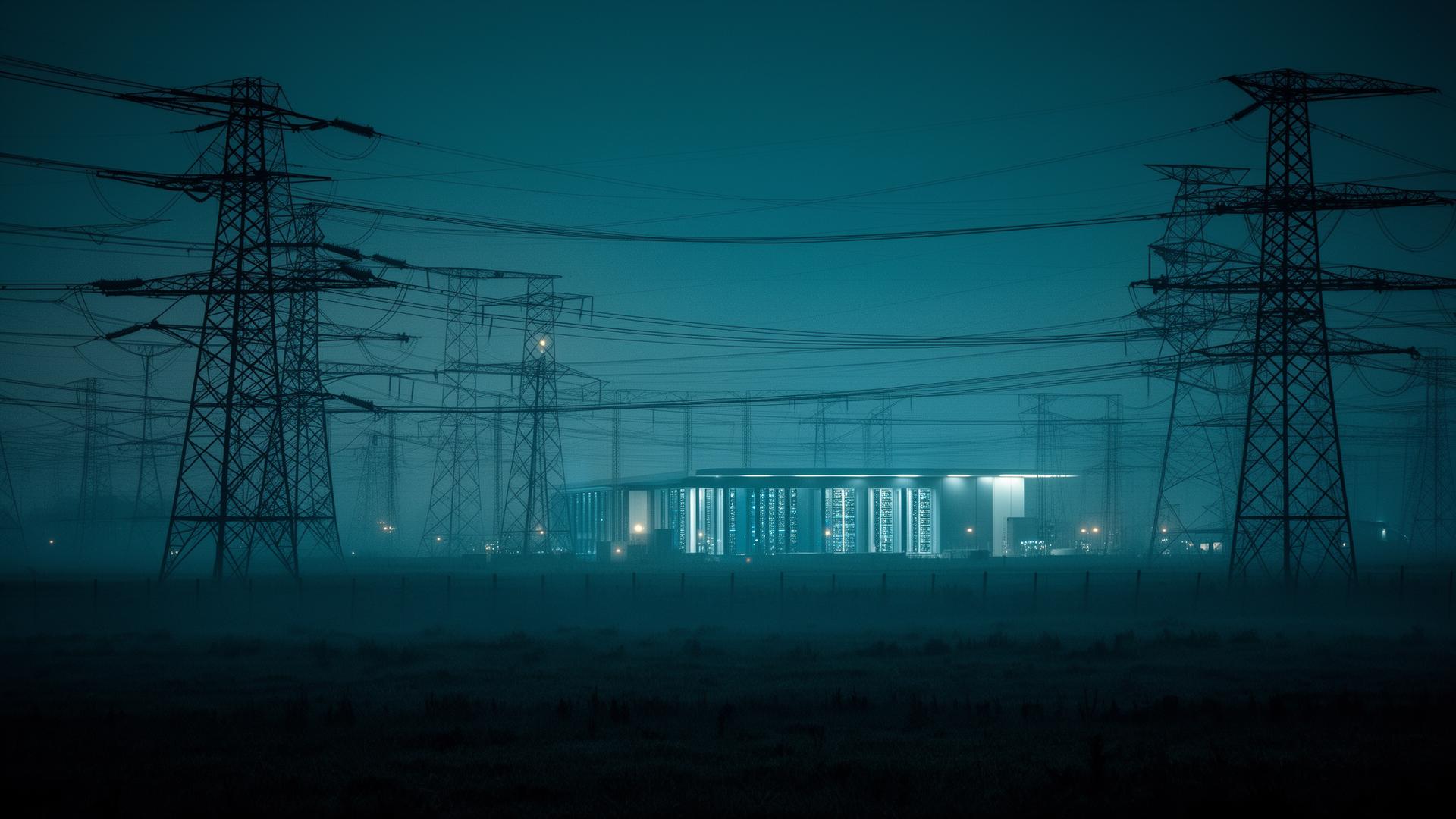UK electricity transmission pylons and a glowing data centre at dusk