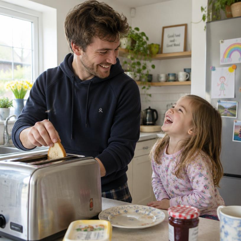 A man and a child spending time together in their kitchen