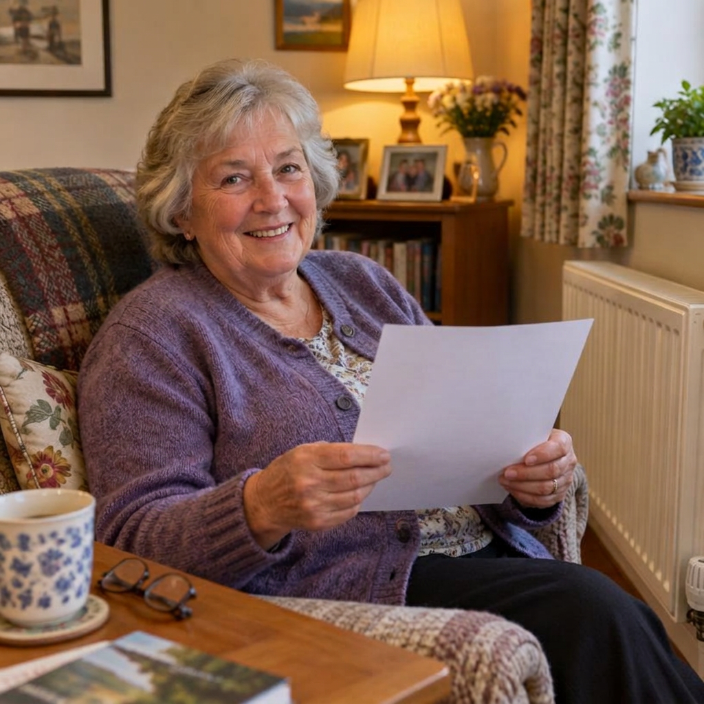 An older woman looking through paperwork in her living room