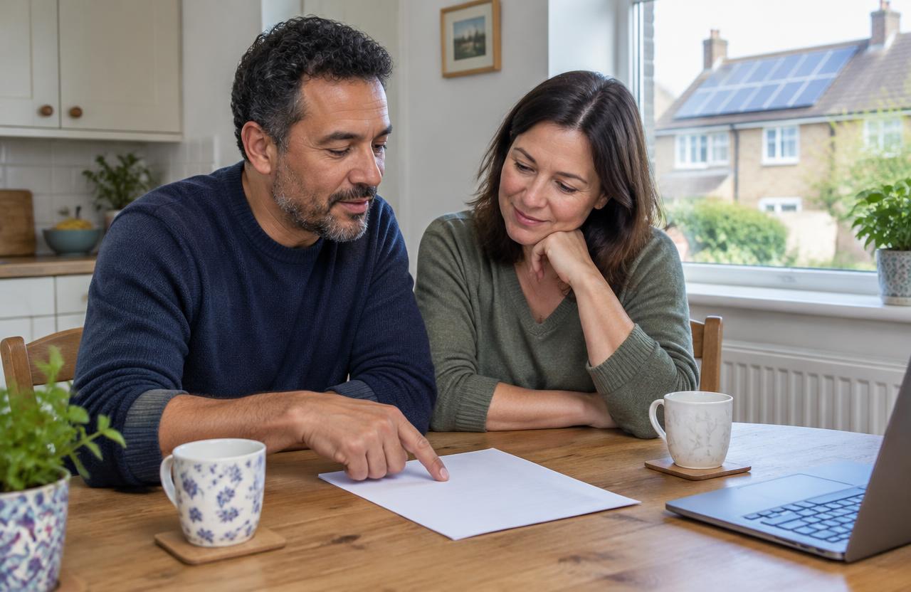 Two people talking through paperwork at their kitchen table, with solar panels visible outside
