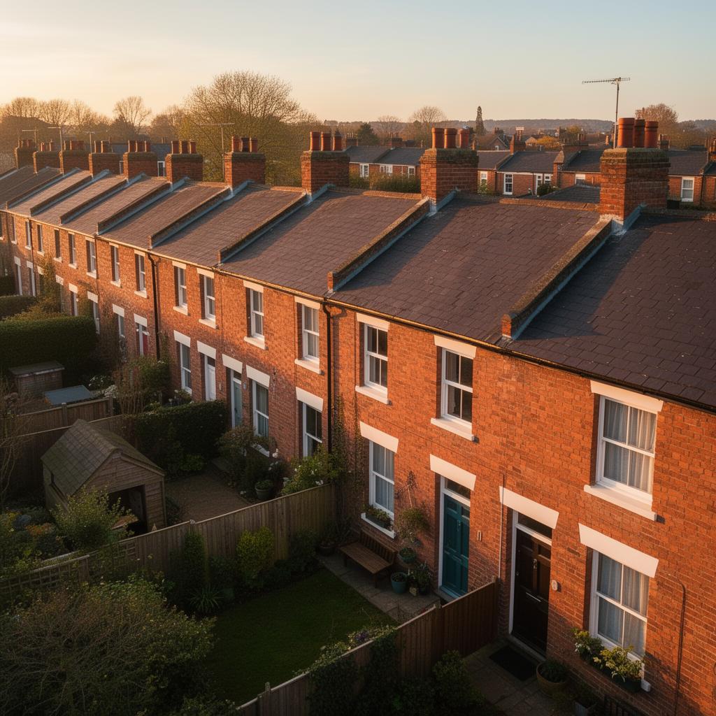 Aerial view of UK terraced homes at golden hour