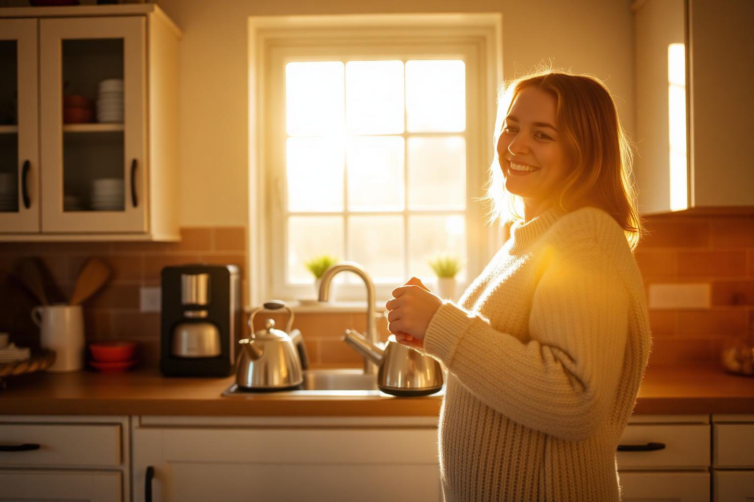 Woman in cosy jumper making tea in a warmly lit British kitchen