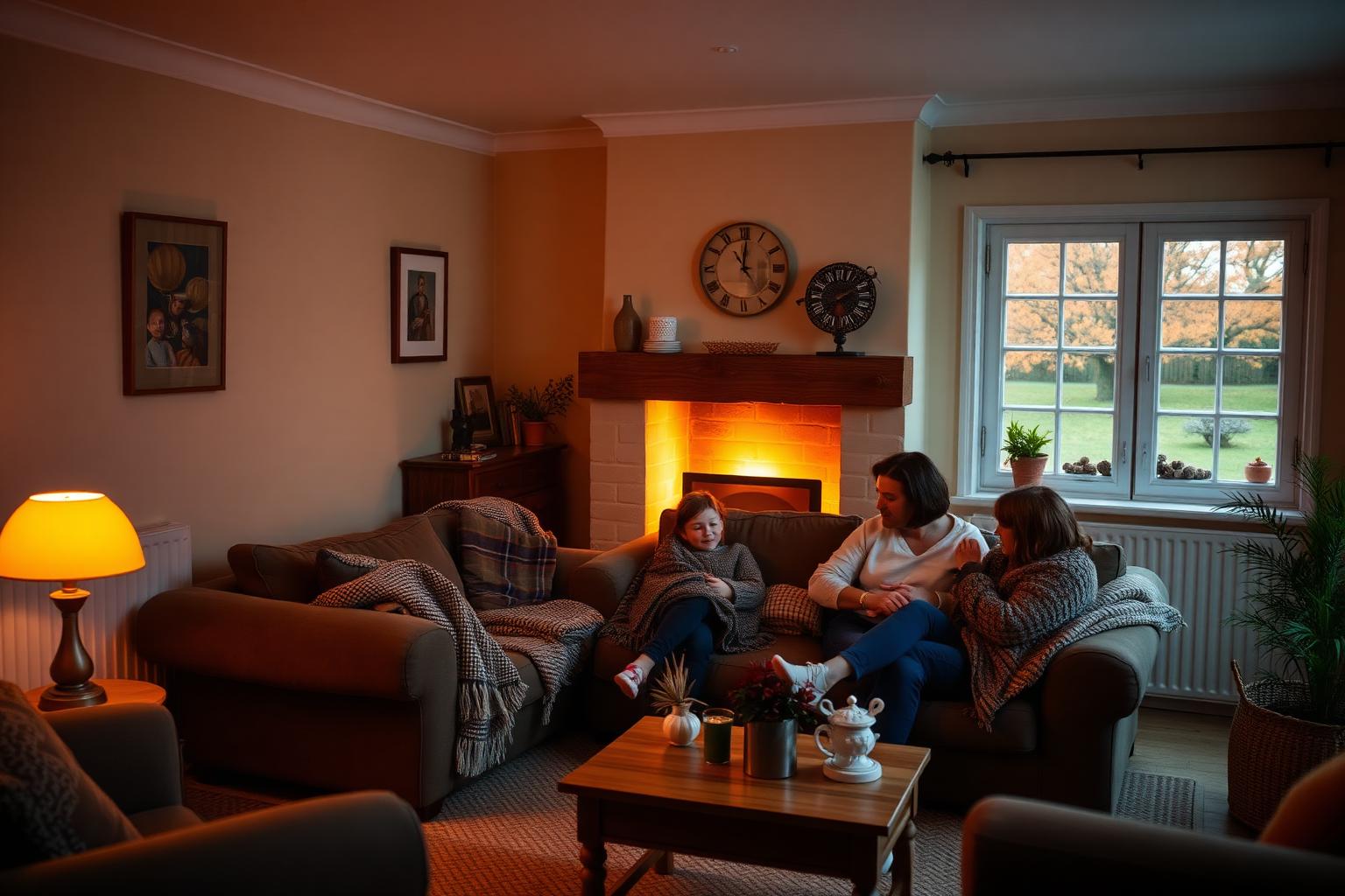 UK family relaxing in a cosy living room lit by warm lamp light