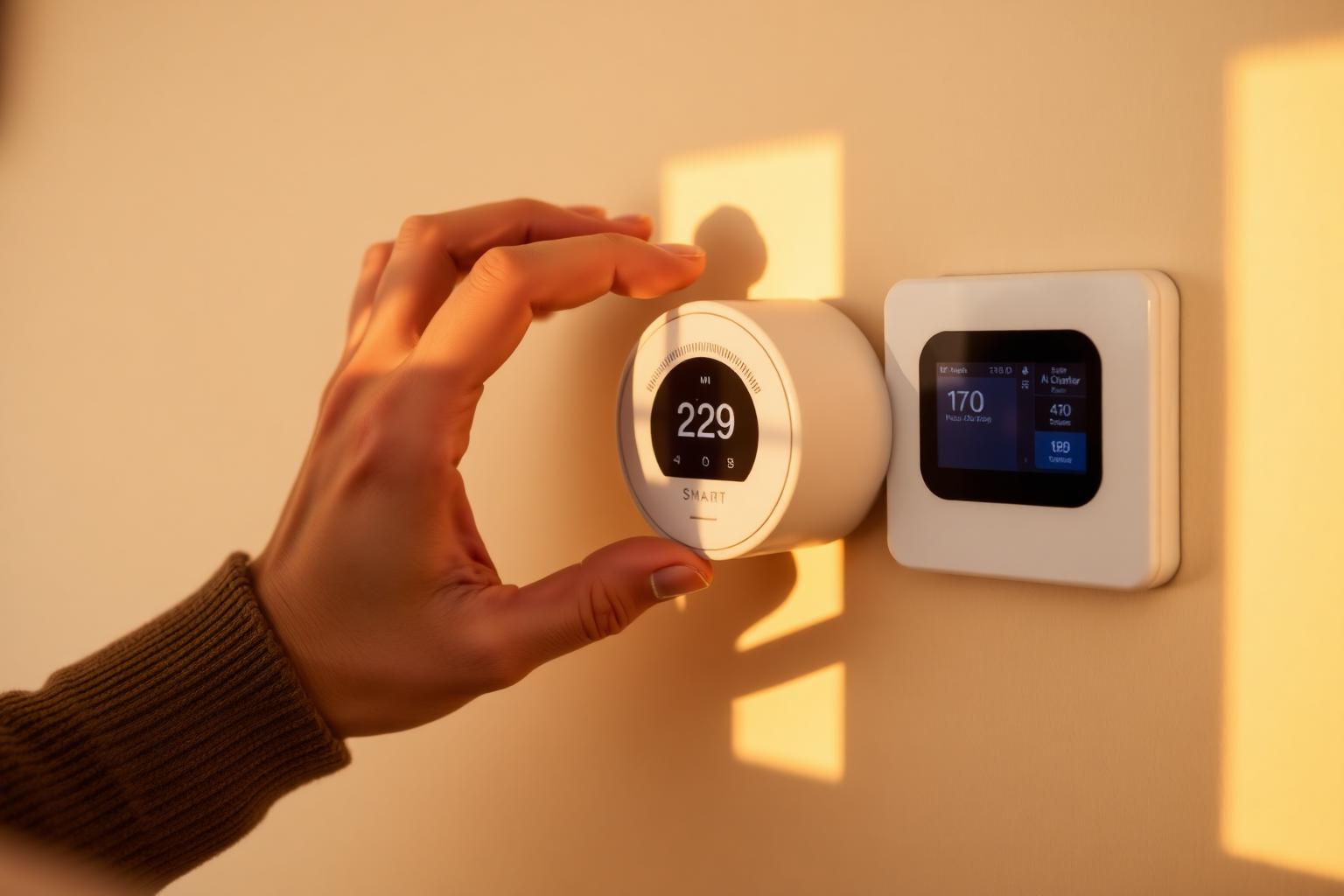 Hand adjusting a smart thermostat in warm evening light
